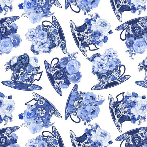 Blue Jubilee - μπλε φλυτζάνια με λουλούδια σε λευκό φόντο